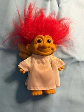 Vintage Russ Berrie Angel Troll Doll with Red Hair and Gold Wings Ornament